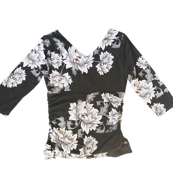 White House Black Market Floral Lotus Stretchy V Neck Ruched Blause Size Small - Picture 2 of 4